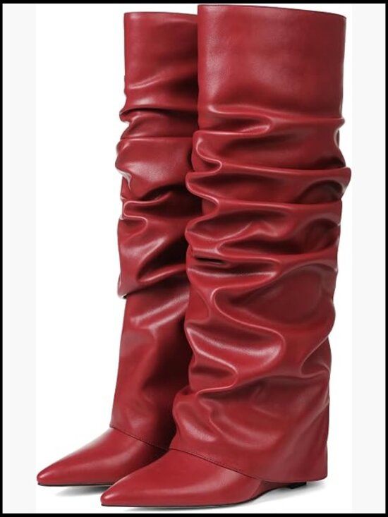 Shoes - Wedge Heel Knee High Boots Pointed Toe Slouchy Fold Over Wide Calf Slip On